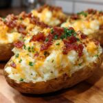 A close-up of a perfectly twice baked potato stuffed with creamy filling, melted cheddar cheese, bacon bits, and chives.