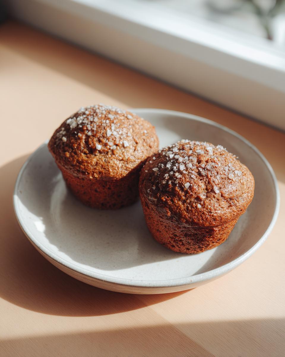 Two freshly baked banana oatmeal muffins topped with coarse sugar crystals, resting on a light ceramic plate.