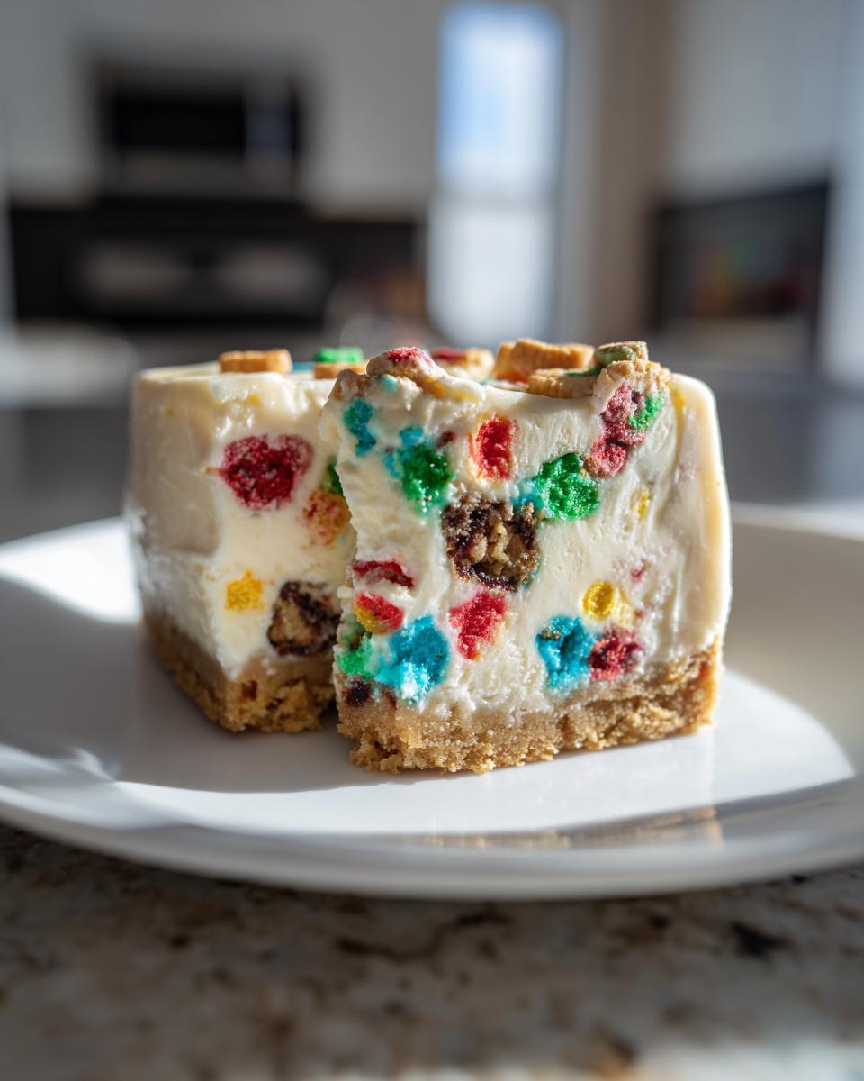 Two slices of creamy christmas tree cheesecake studded with colorful cereal pieces on a white plate.