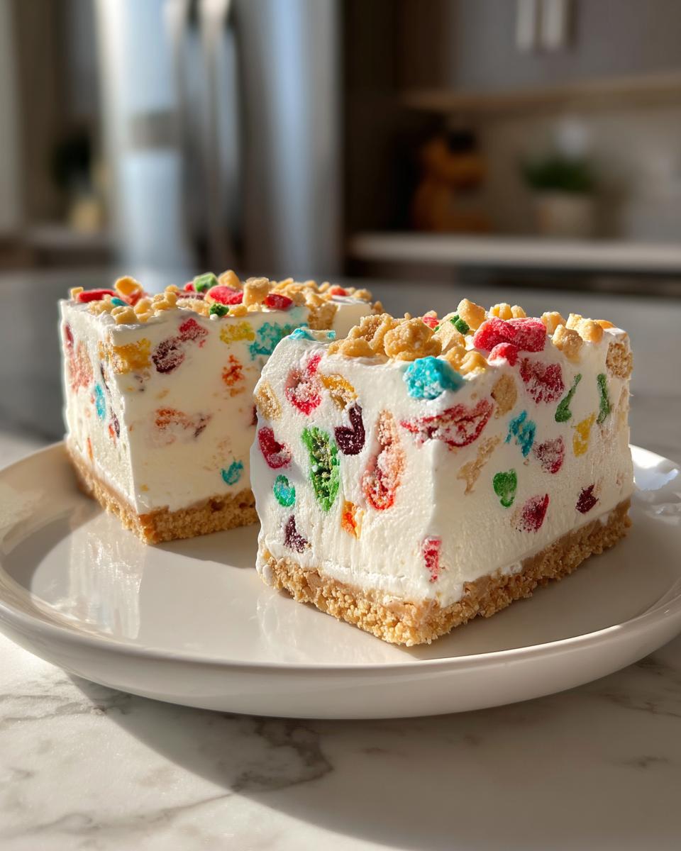 Two rectangular slices of creamy white christmas tree cheesecake embedded with colorful cereal pieces on a white plate.