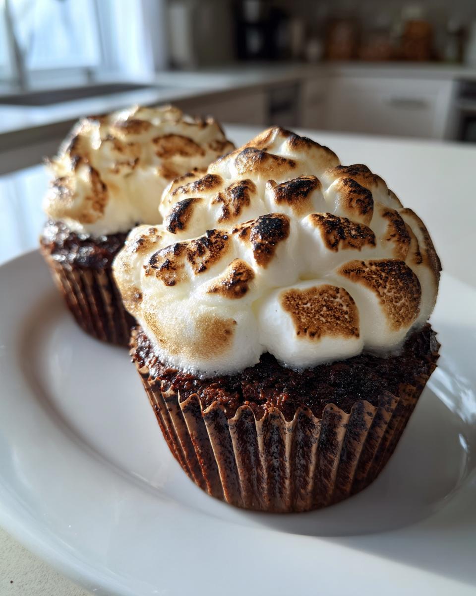 Two rich, dark chocolate cupcakes topped with fluffy, toasted marshmallow frosting, presented on a white plate.