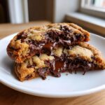 Close-up of ultimate chocolate chip cookies split open revealing molten, gooey chocolate center.