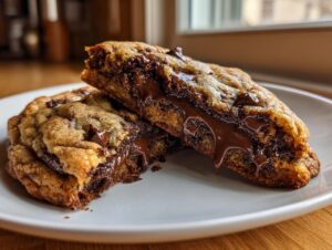 Close-up of ultimate chocolate chip cookies broken open, showing molten, gooey chocolate center.