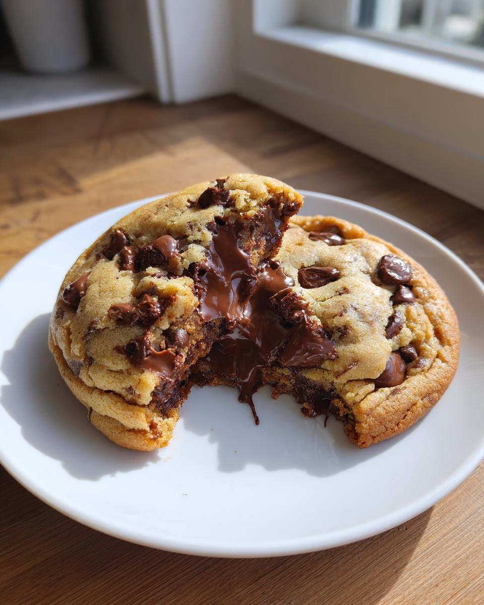 A close-up of a warm chocolate chip cookie broken in half, revealing a molten, gooey chocolate center.