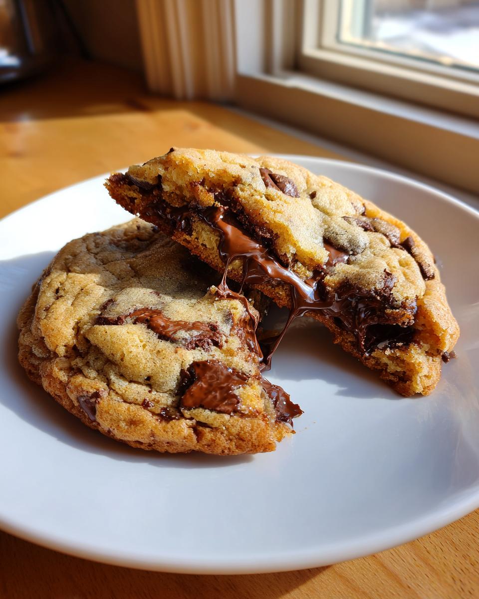 Two halves of a warm chocolate chip cookie showing melted, gooey chocolate stretching between them.