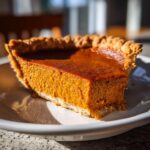Close-up of a thick slice of rich, orange vegan pumpkin pie with a crimped crust on a white plate.