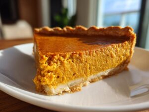 Close-up of a thick slice of rich orange vegan pumpkin pie on a white plate, catching the sunlight.