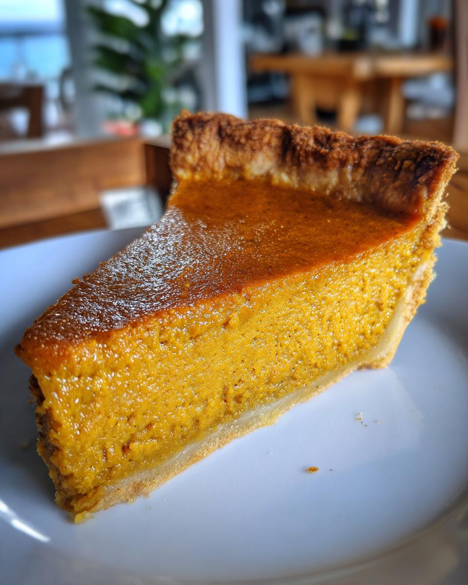 A close-up of a thick slice of bright orange vegan pumpkin pie on a white plate.