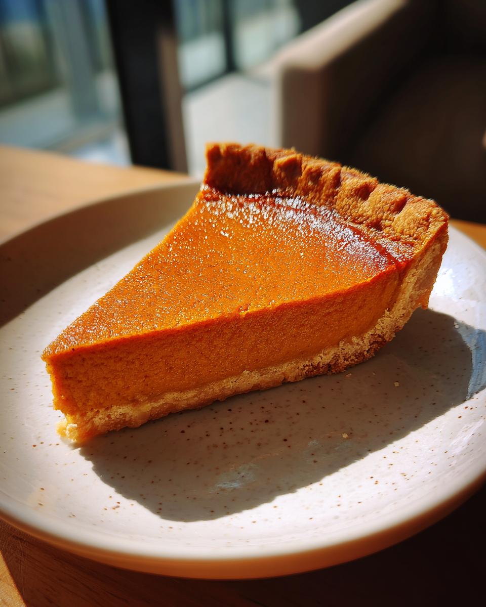 A perfect slice of rich orange vegan pumpkin pie resting on a speckled white plate, highlighted by bright sunlight.