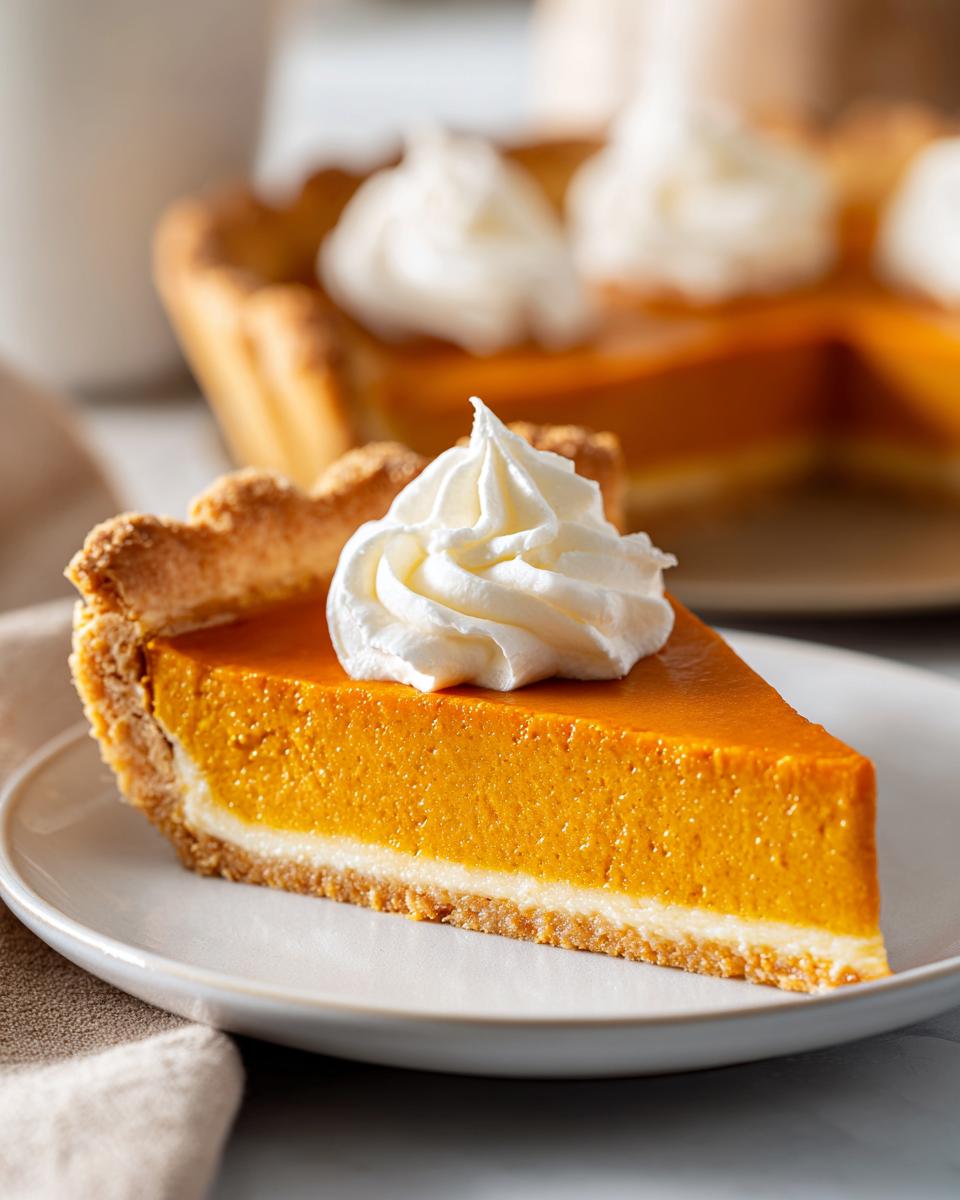 Close-up of a slice of rich, orange vegan pumpkin pie topped with a swirl of white whipped cream.