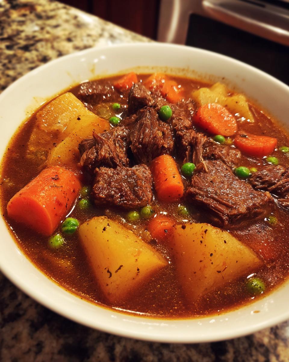 Close-up of a white bowl filled with rich vegetable beef soup, featuring tender beef, carrots, potatoes, and peas.