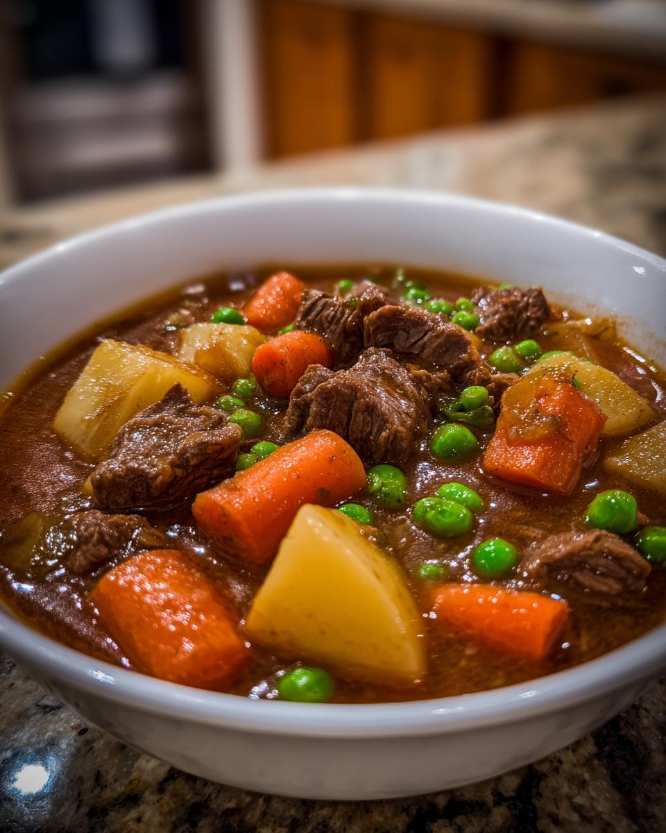 Close-up of a rich bowl of vegetable beef soup featuring chunks of beef, carrots, potatoes, and bright green peas.