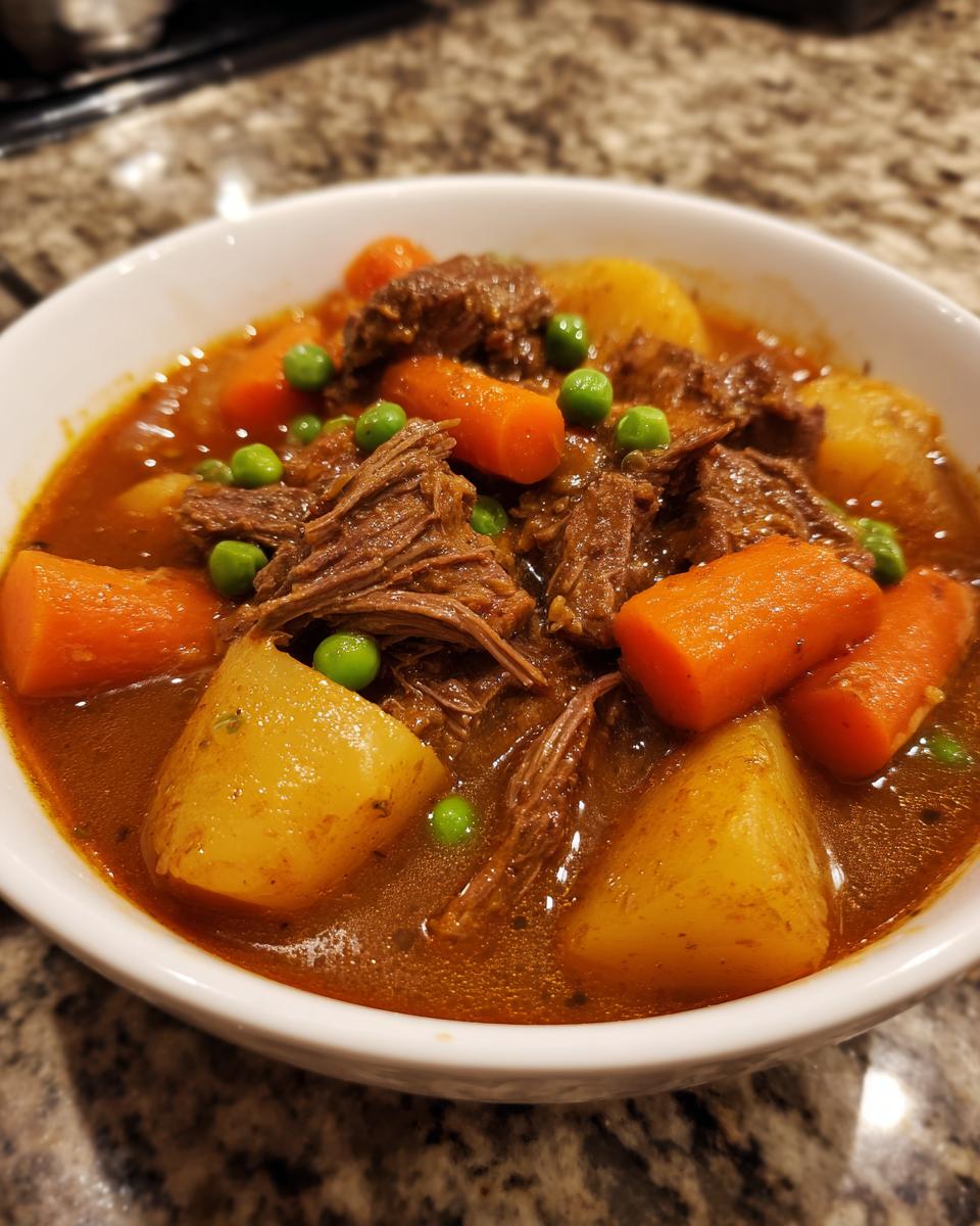 Close-up of a white bowl filled with rich vegetable beef soup featuring shredded beef, large potato chunks, carrots, and peas.
