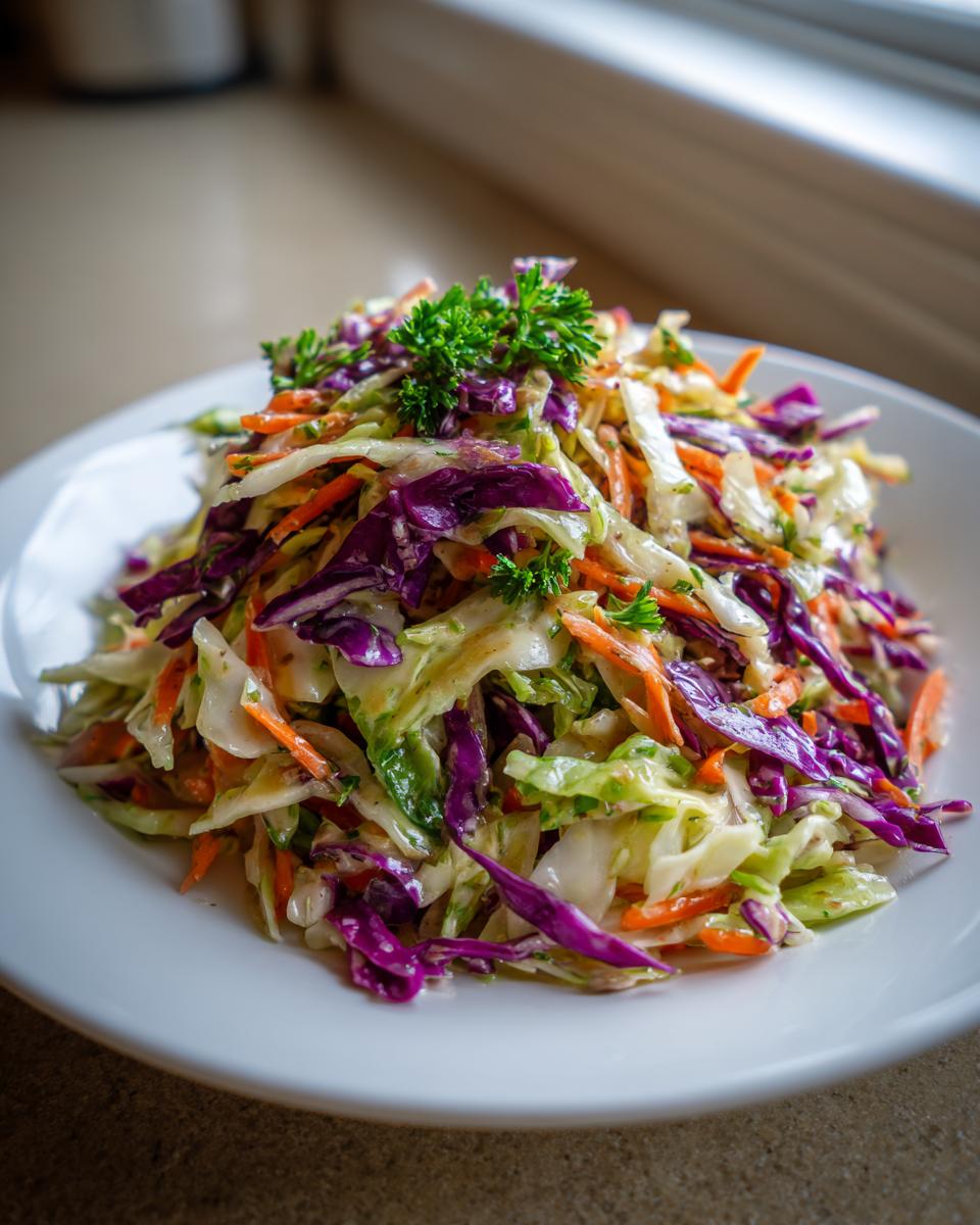 A close-up of a vibrant, freshly made cabbage salad featuring shredded green and purple cabbage and carrots, topped with parsley.