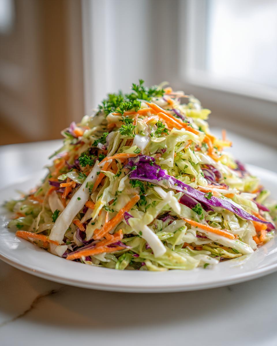 A tall mound of fresh cabbage salad featuring shredded green cabbage, purple cabbage, carrots, and parsley garnish.
