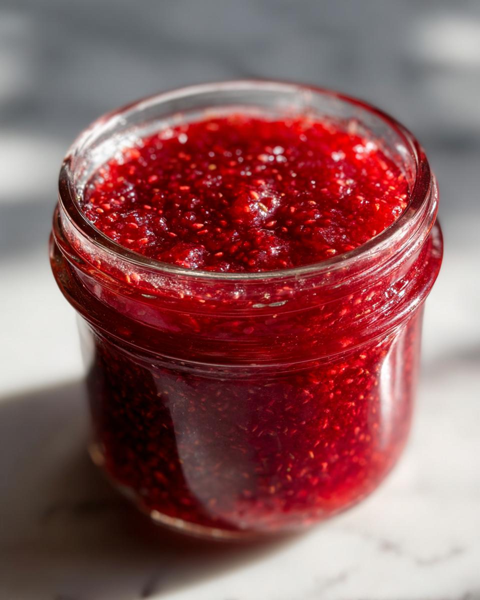 Close-up of a glass jar filled with vibrant, seed-filled red freezer jam, illuminated by sunlight.