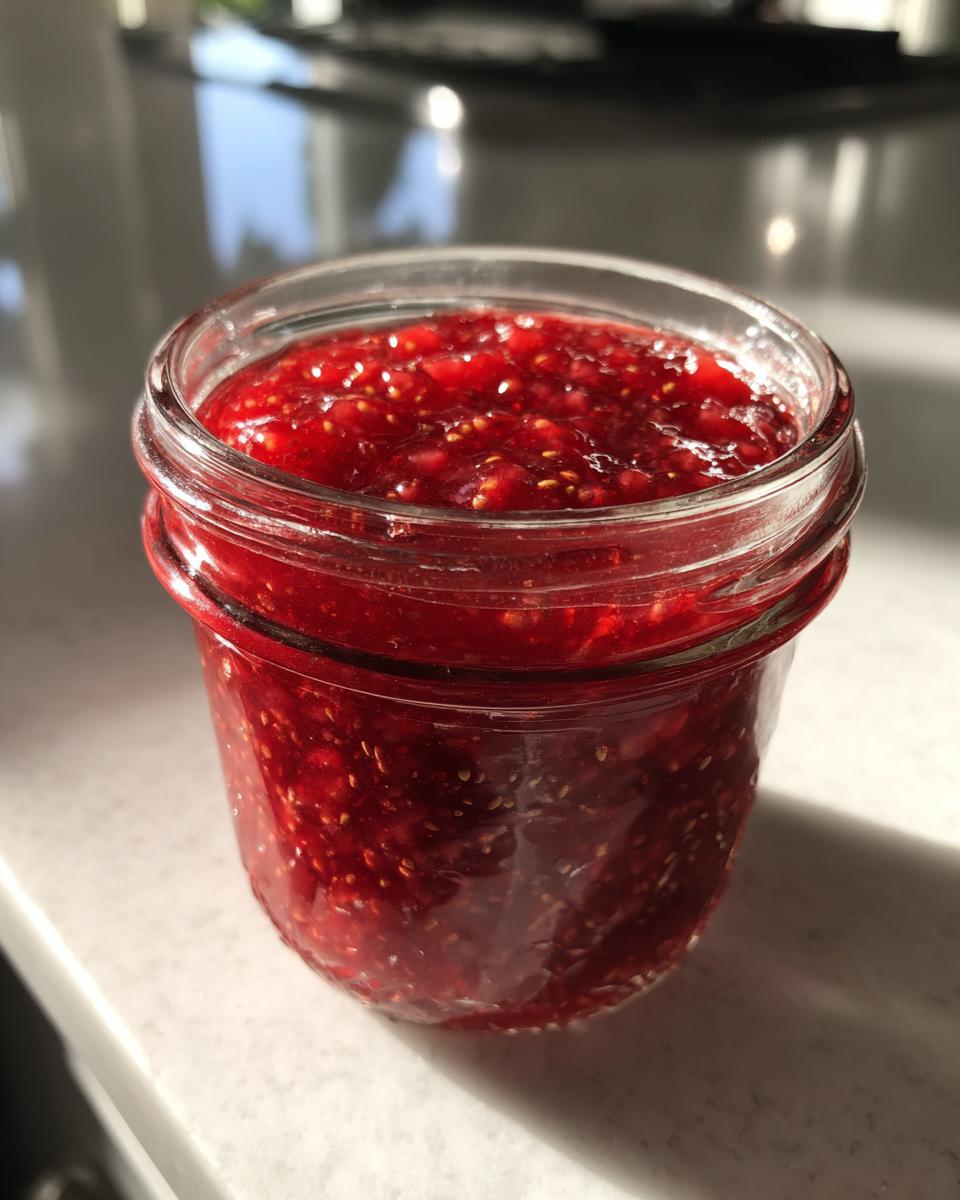 Close-up of a glass jar filled with vibrant, chunky red freezer jam, catching bright sunlight.