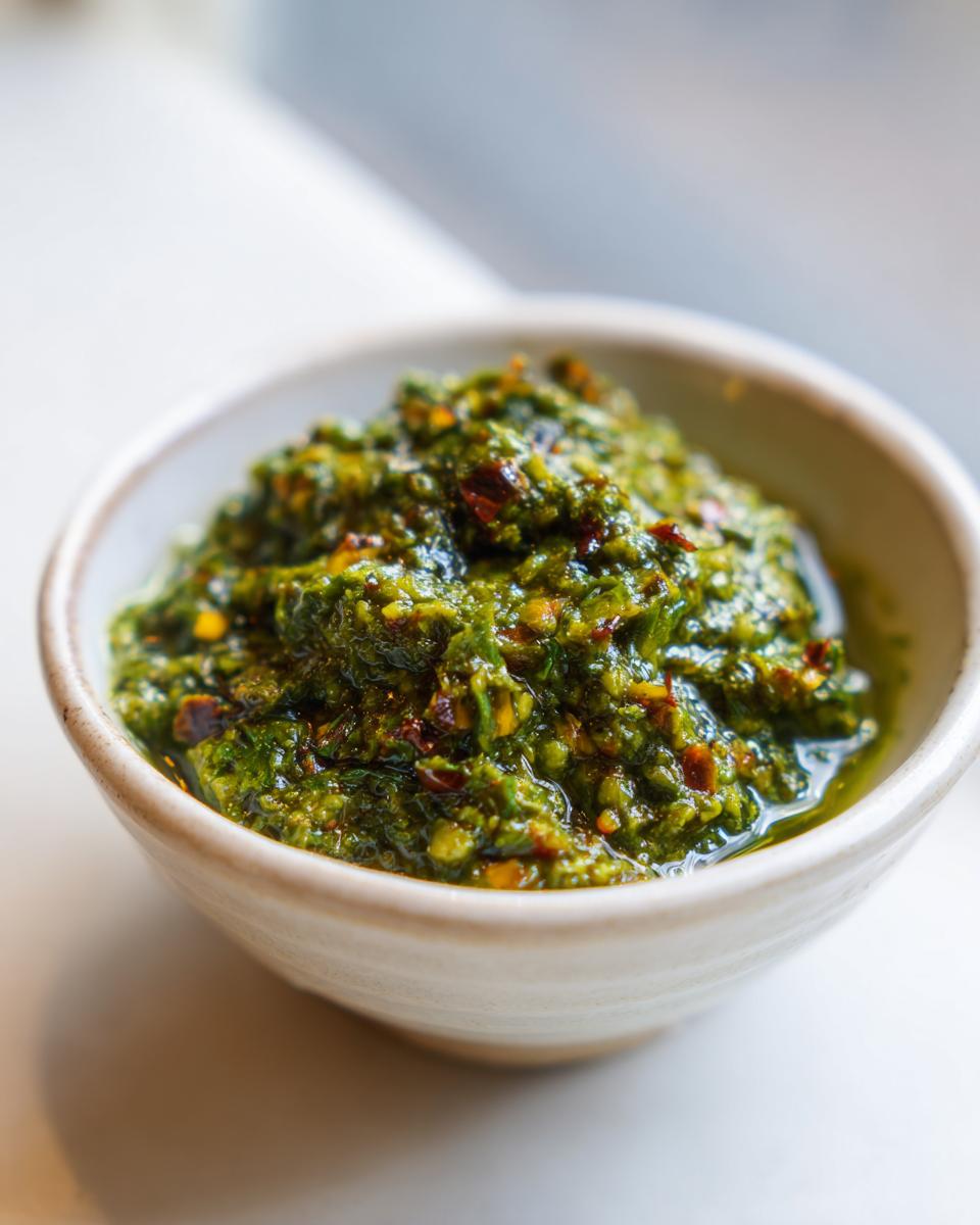 Close-up of thick, vibrant green tomato salsa with visible spices in a small ceramic bowl.