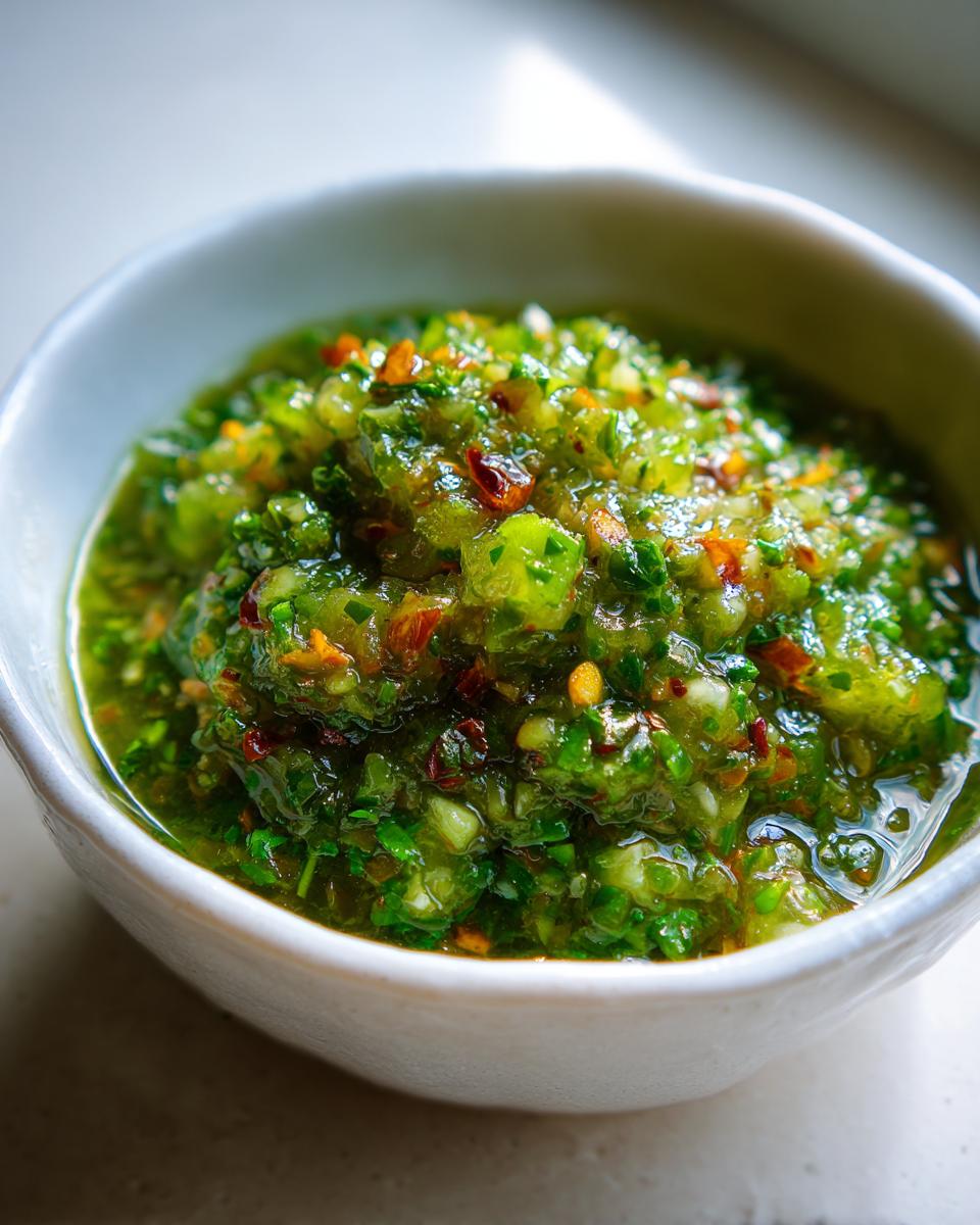 Close-up of chunky, bright green tomato salsa with visible herbs and red pepper flakes in a white bowl.