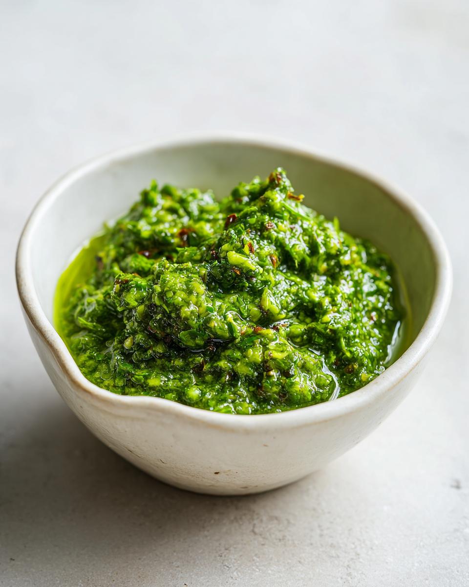 Close-up of vibrant, chunky green tomato salsa texture in a rustic white bowl.