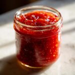 Close-up of a glass jar filled with vibrant, chunky red freezer jam, catching bright sunlight.
