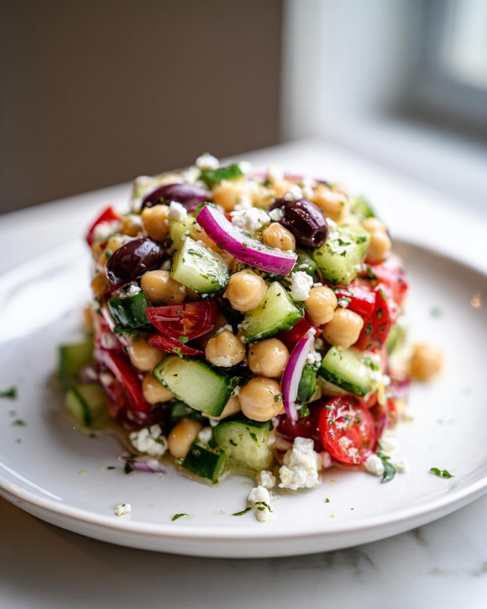 Close-up of a perfectly stacked mediterranean chickpea salad featuring chickpeas, cucumbers, tomatoes, olives, and feta.