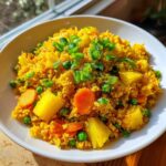 Close-up of bright yellow pineapple fried rice mixed with carrots, peas, and topped with fresh green onions.