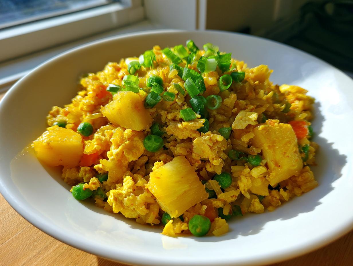 A vibrant bowl of yellow pineapple fried rice mixed with chunks of pineapple, peas, and topped with fresh green onions.