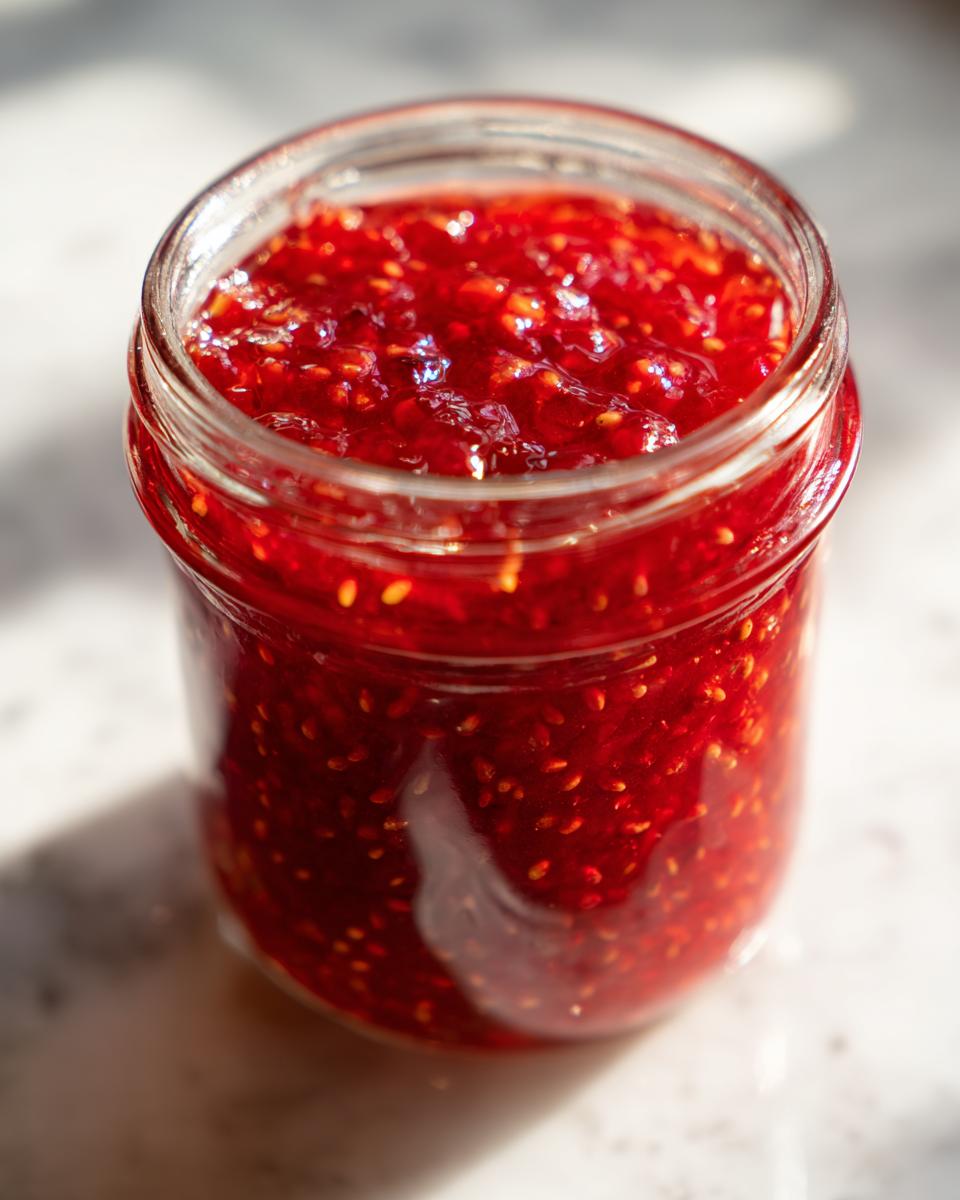 Close-up of a glass jar filled with bright red, seedy raspberry freezer jam, illuminated by sunlight.