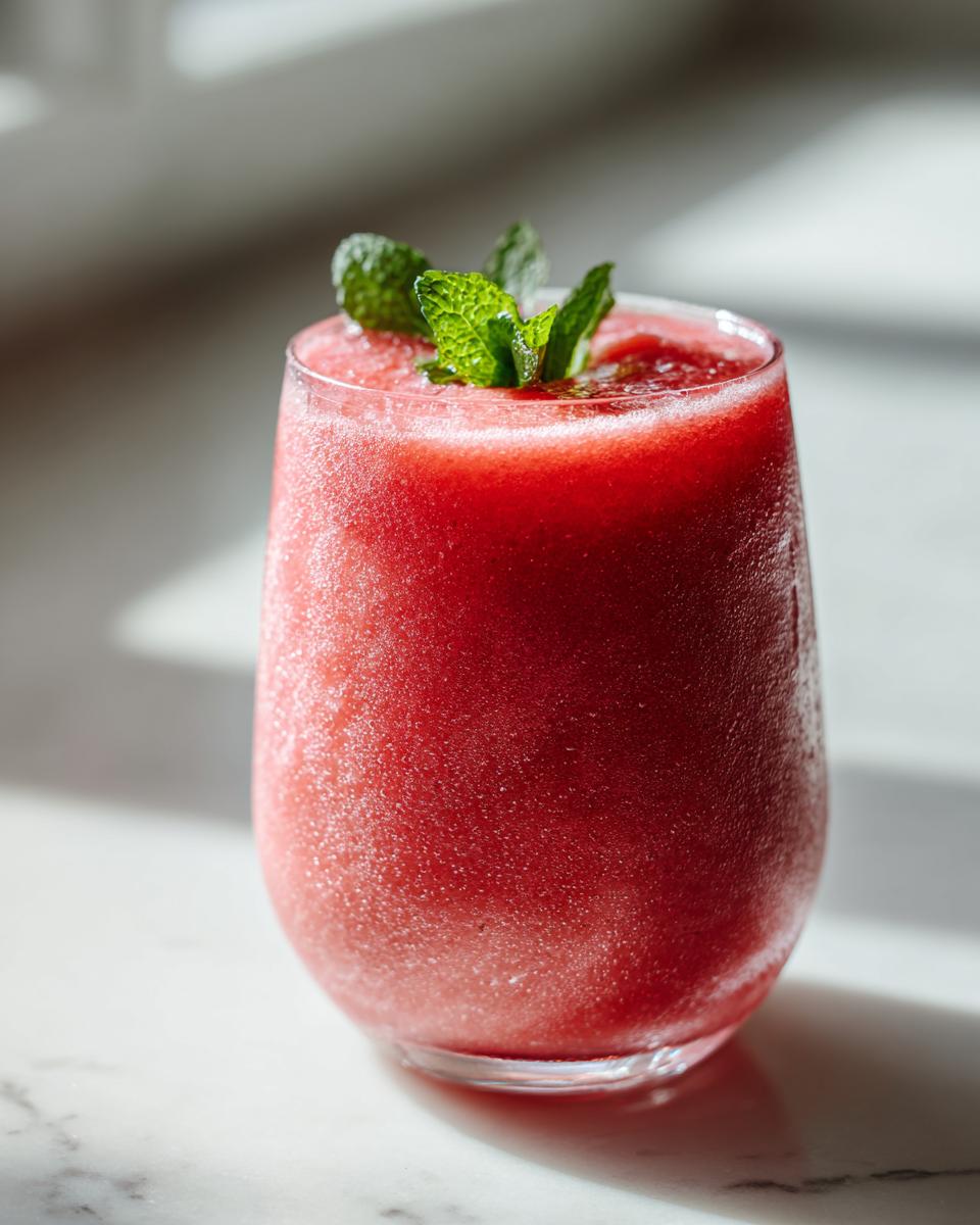 Close-up of a vibrant red, icy watermelon smoothie garnished with fresh mint leaves.