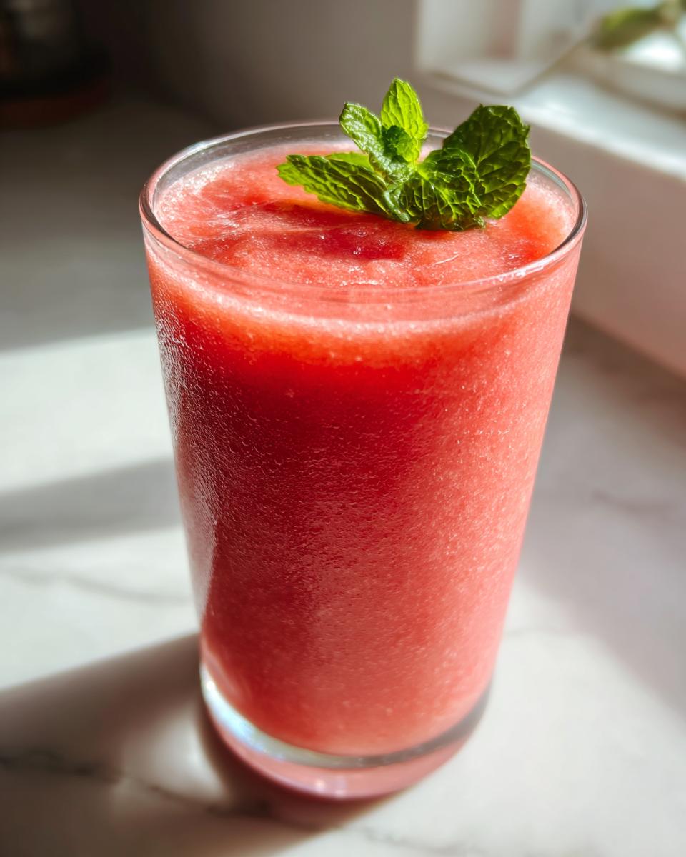 Close-up of a tall glass filled with a vibrant red watermelon smoothie, topped with fresh mint leaves.