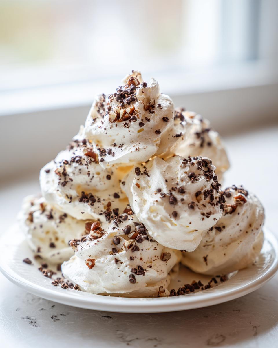 A stack of light, meringue-like forgotten cookies topped with whipped cream, chocolate chips, and pecans.