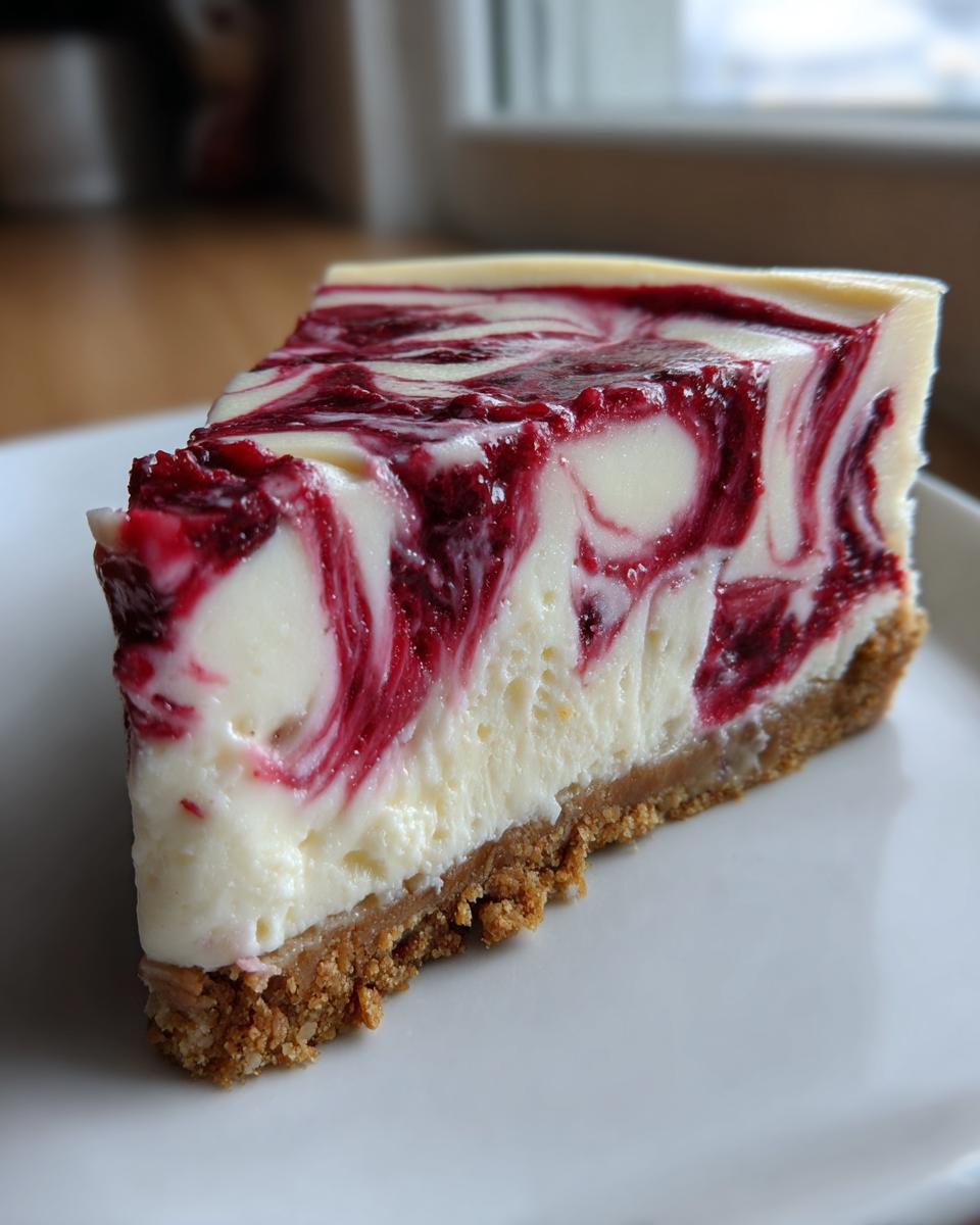 A close-up of a perfect slice of white chocolate raspberry cheesecake showing the creamy filling and graham cracker crust.