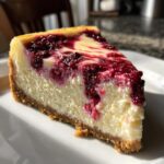 A perfect slice of white chocolate raspberry cheesecake showing a thick graham cracker crust and a vibrant raspberry swirl.