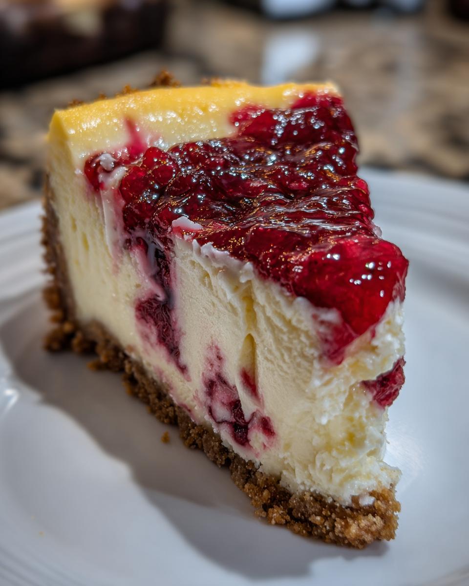 Close-up of a rich slice of white chocolate raspberry cheesecake with a graham cracker crust and bright red raspberry swirl.