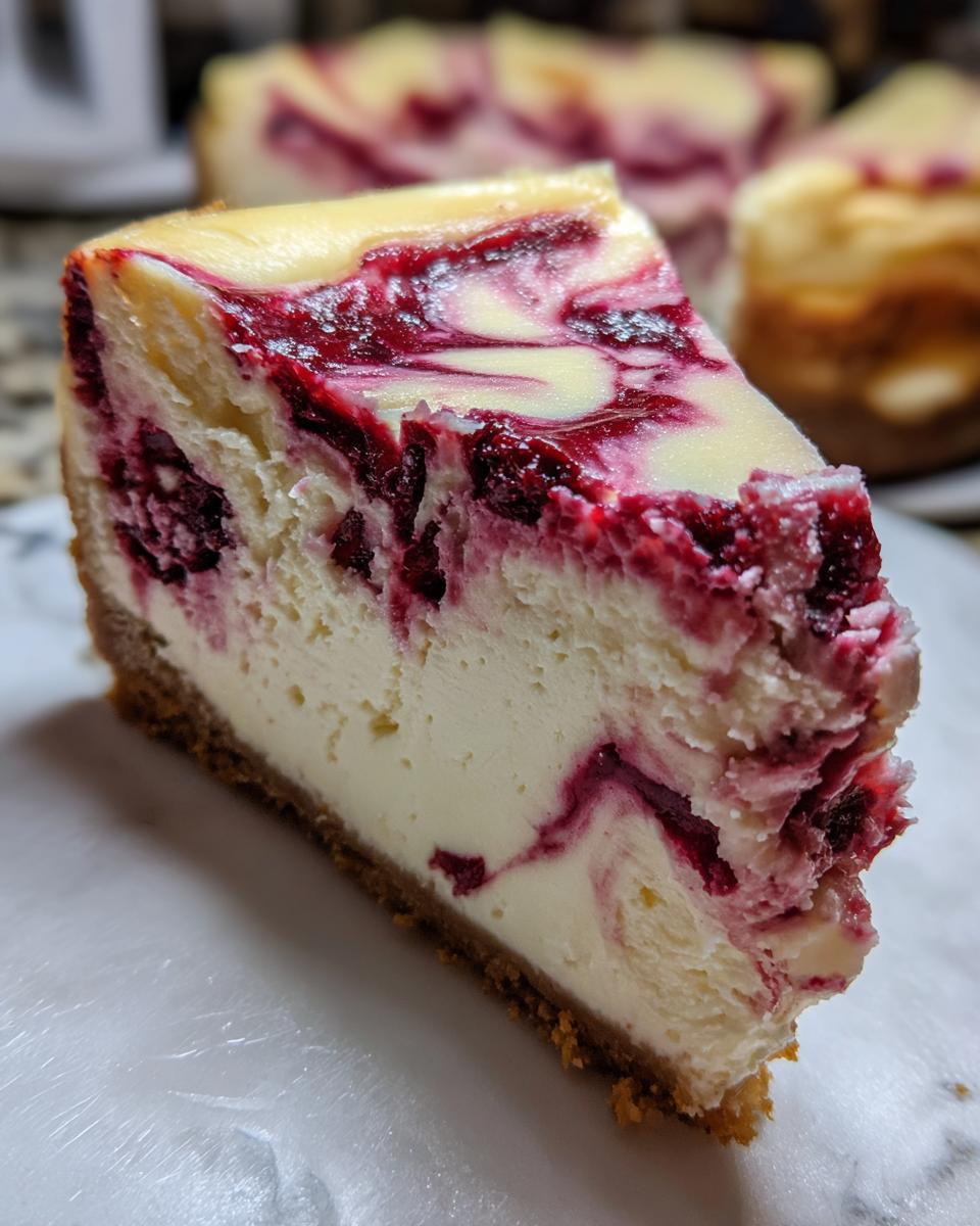 Close-up of a rich slice of white chocolate raspberry cheesecake showing a graham cracker crust and deep red raspberry swirls.