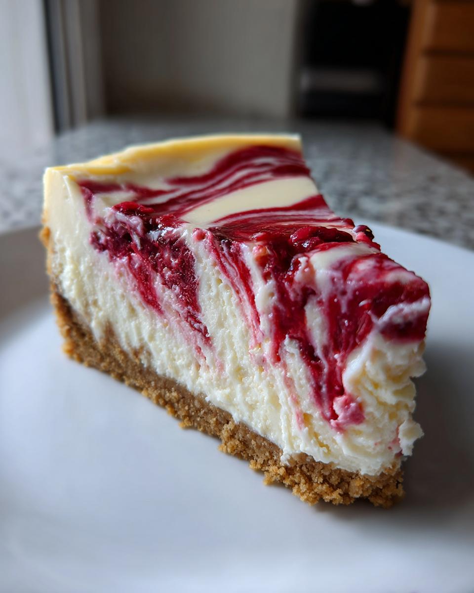 A perfect slice of white chocolate raspberry cheesecake showing a graham cracker crust and vibrant red raspberry swirls.