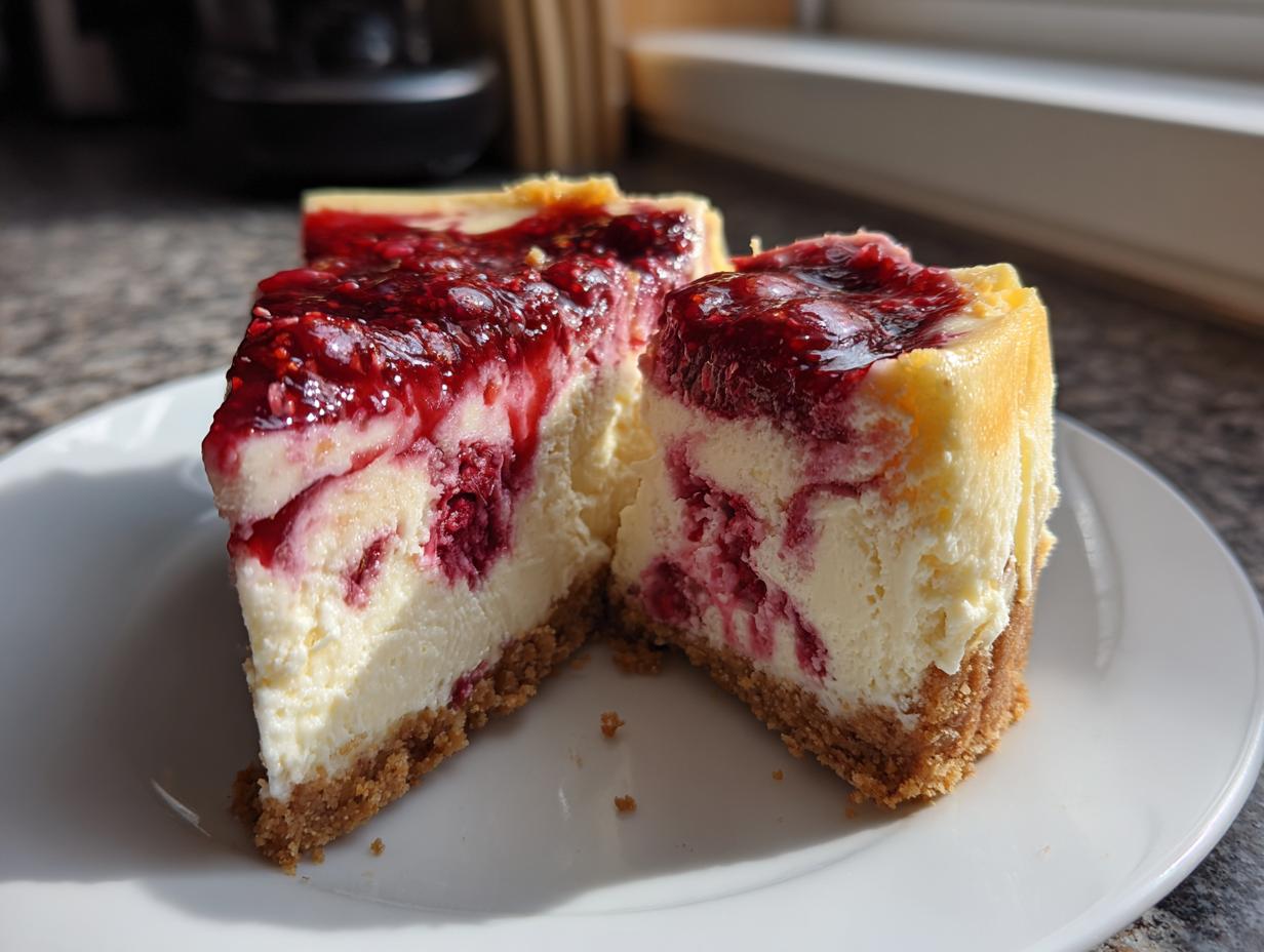 Two slices of creamy white chocolate raspberry cheesecake with a graham cracker crust served on a white plate.