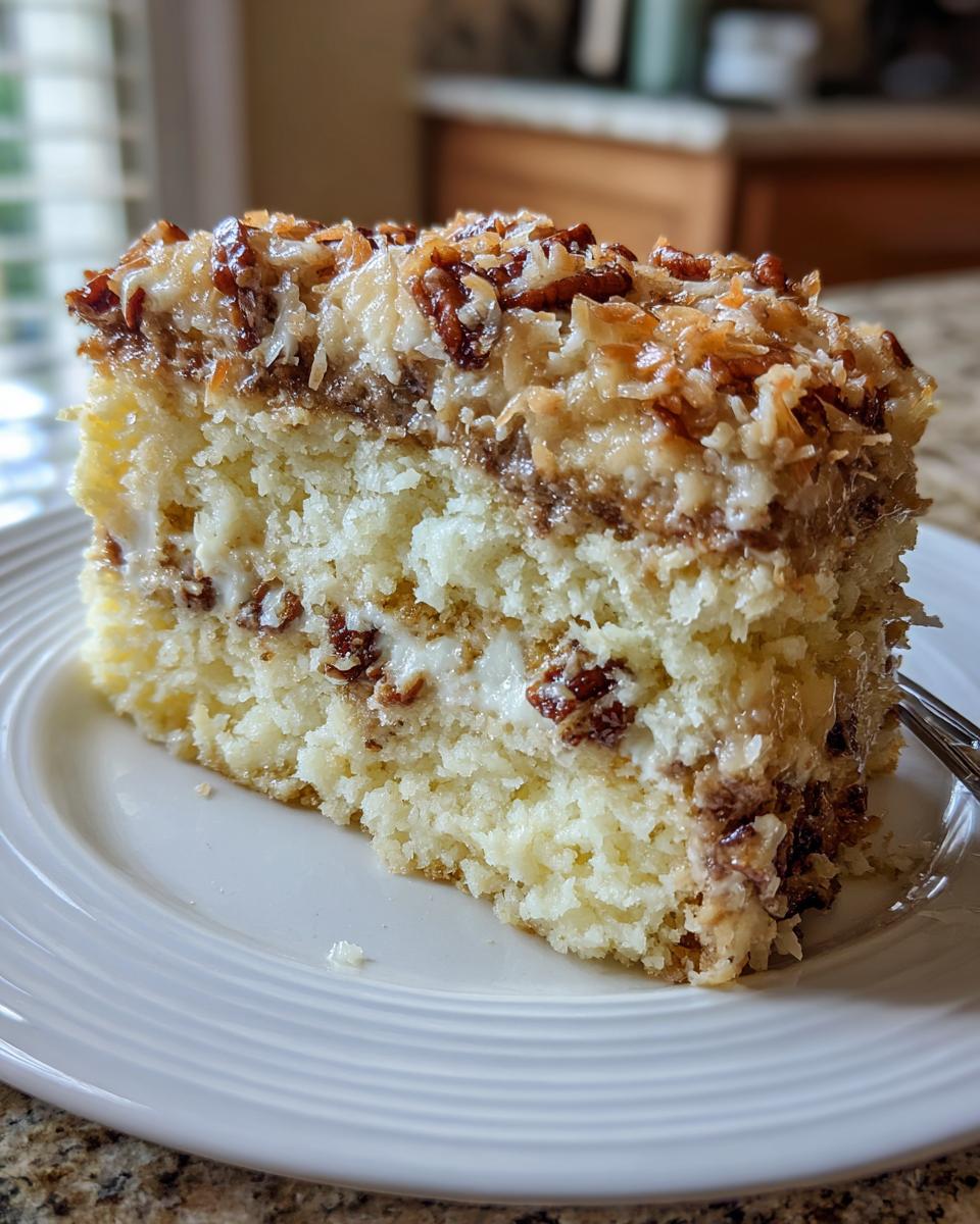 A moist slice of white German chocolate cake layered with coconut-pecan frosting.