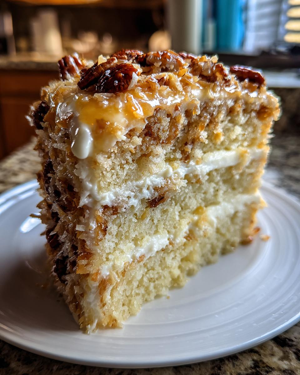Close-up of a moist slice of white German chocolate cake layered with cream cheese frosting and topped with pecan coconut frosting.