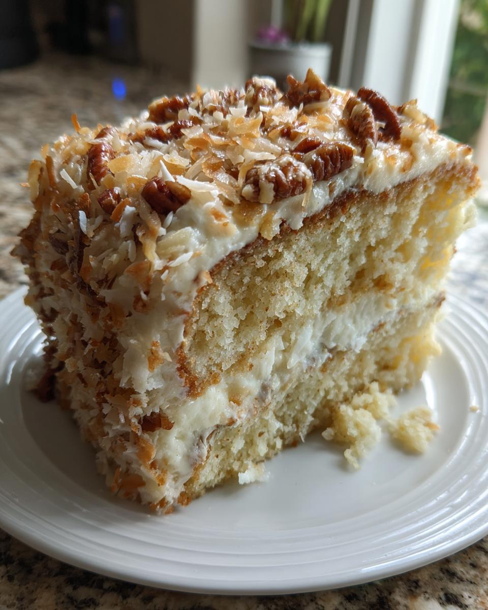 A close-up slice of white German chocolate cake layered with creamy frosting and topped with toasted coconut and pecans.