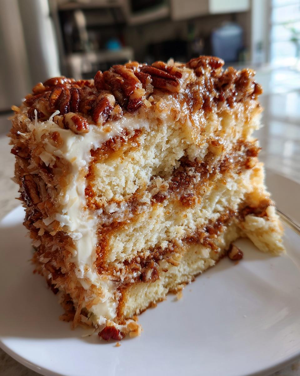 A close-up slice of white German chocolate cake featuring layers of white cake, creamy frosting, and pecan-coconut filling.