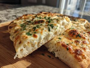 Close-up of a thick slice of white pizza showing gooey cheese and fluffy crust, topped with parsley.