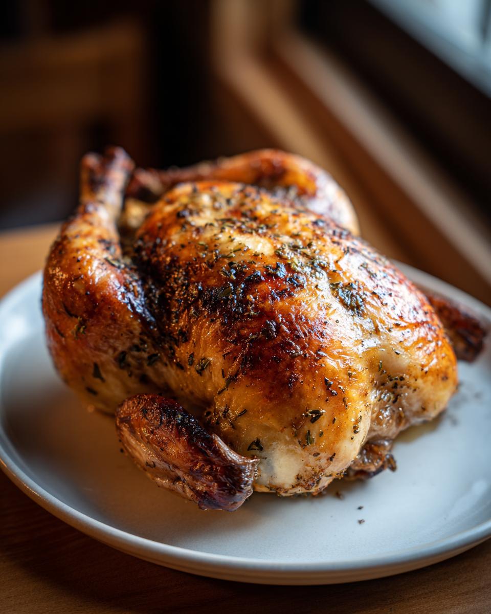 A whole, beautifully browned roasted chicken seasoned with herbs, resting on a light gray plate.