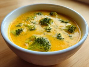 Close-up of a creamy, bright orange broccoli cheddar soup with visible green broccoli florets in a white bowl.