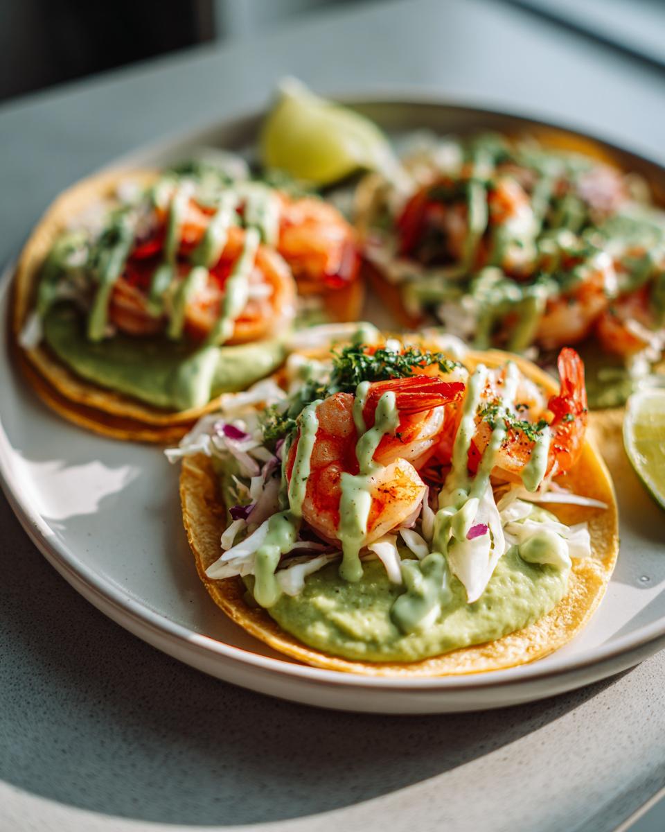 Three delicious shrimp taco served on corn tortillas, topped with slaw, avocado spread, and drizzled with green sauce.