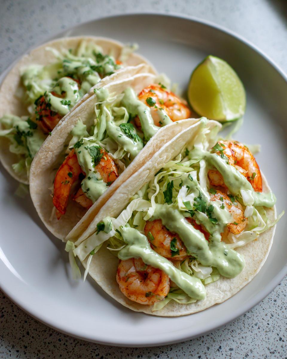 Three soft tortilla shrimp taco shells filled with seasoned shrimp, shredded cabbage, and drizzled with a creamy green sauce, served with a lime wedge.