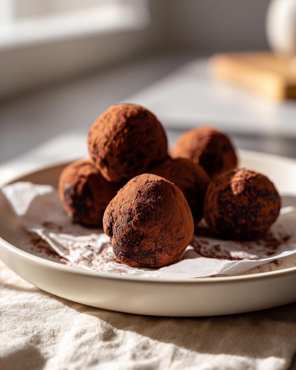 A plate of homemade oreo balls heavily dusted with cocoa powder, catching bright sunlight.