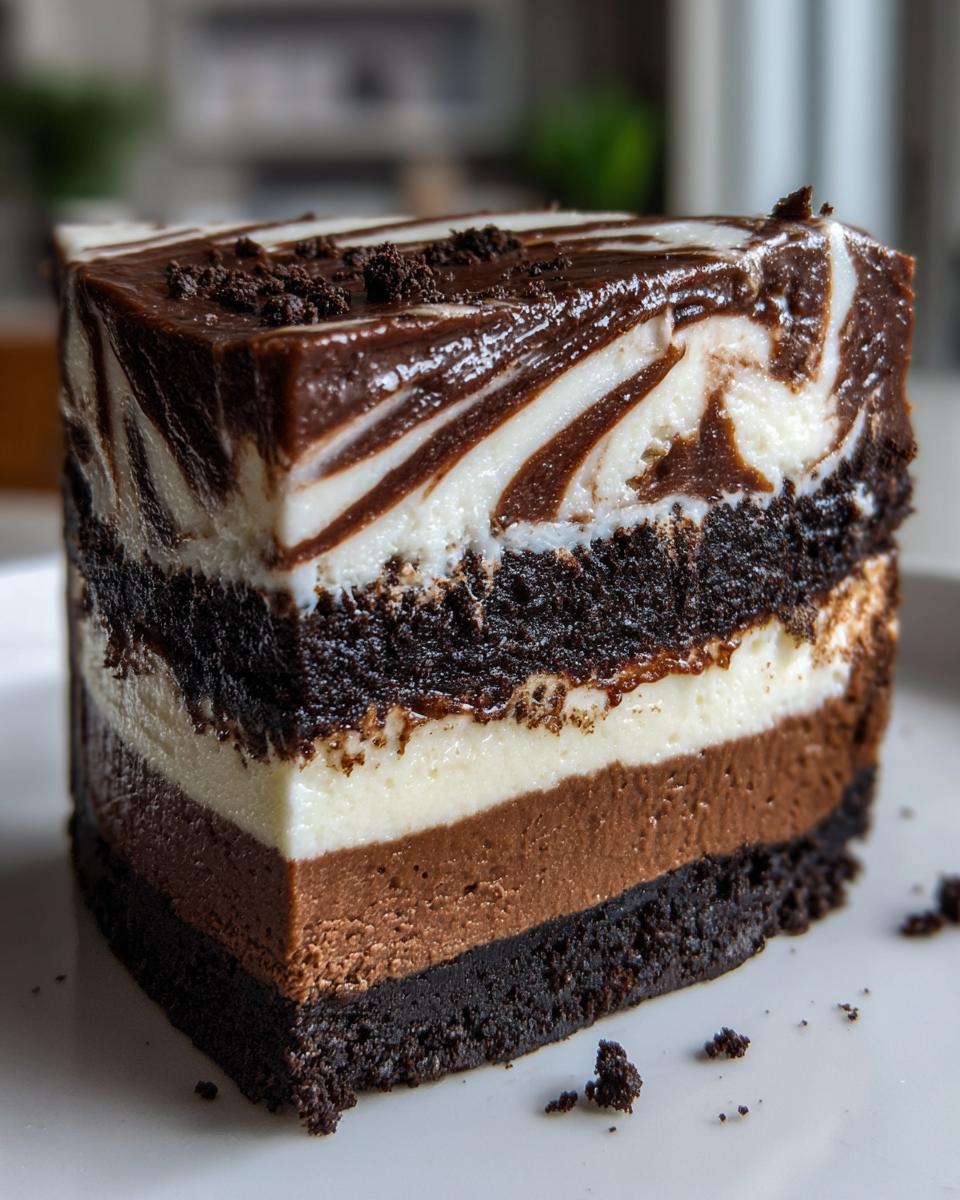 A decadent slice of 3 layer chocolate cheesecake showing dark crust, mousse, and marbled topping.