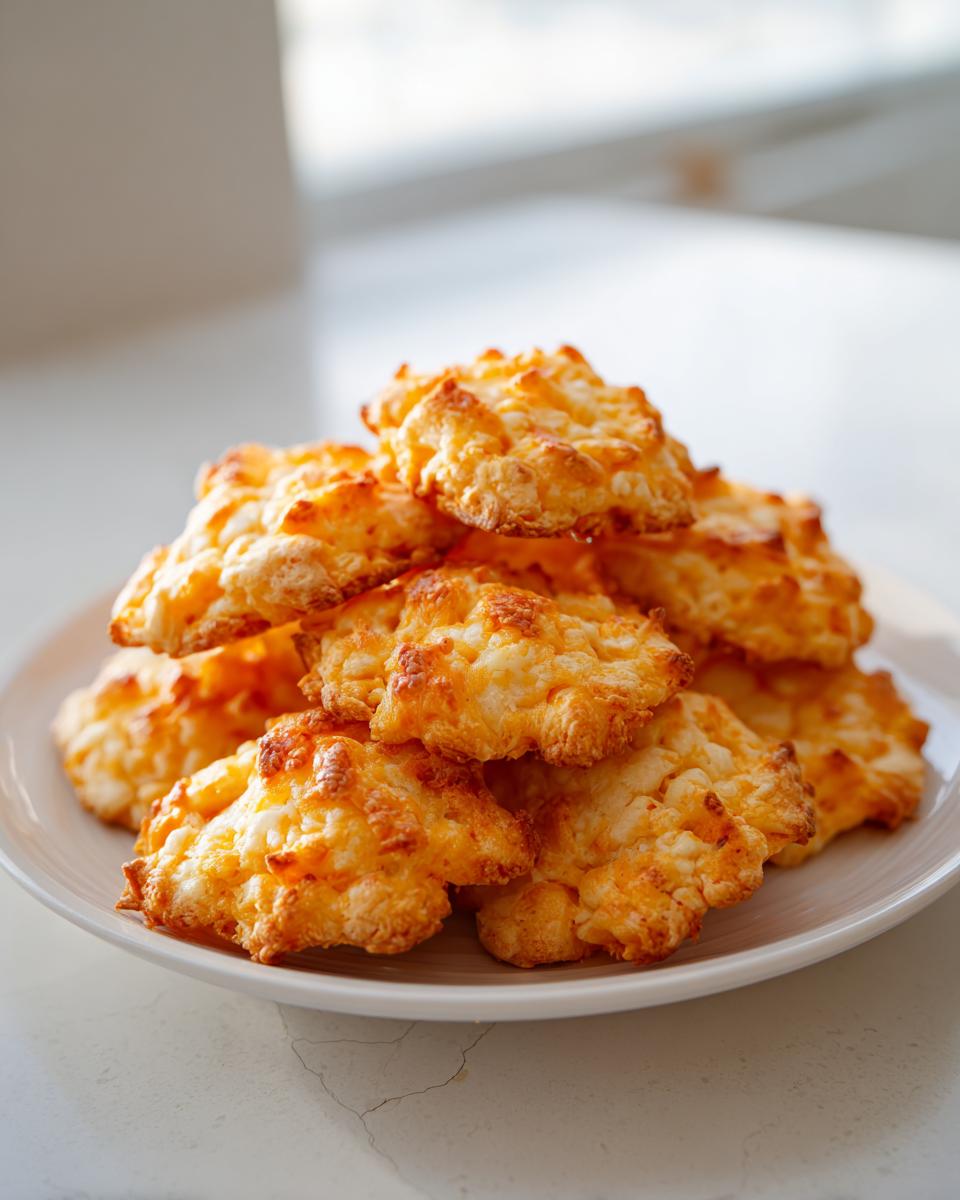 A close-up of a stack of freshly baked, golden-orange cheese crackers piled high on a white plate.